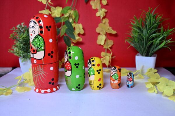 Handmade Indian Wooden Toys Nesting Doll, Handicraft Items for Home Decor- Set of 5 Piece (Lady in Multi-Color Saree) - Image 7