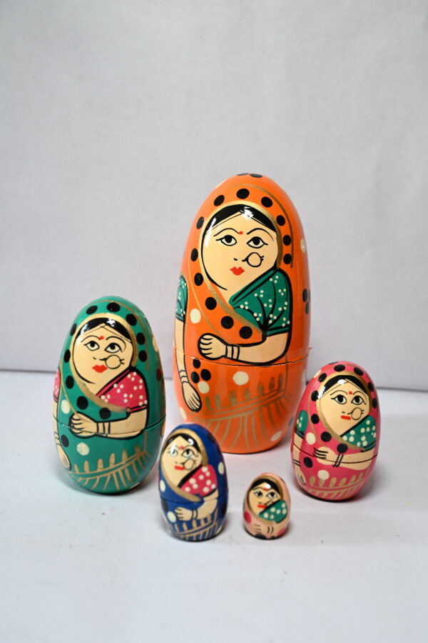 Handmade Indian Wooden Toys Nesting (Russian) Doll, Set of 5 Piece (Lady in Multi-Color Saree) Showpiece Figurine |  Home Decor | Gifts | Toys  - Image 2