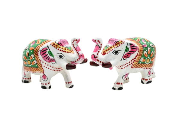 Meenakari Metal Elephant Statue, Trunk Up Elephant Set of 2 – Showpiece Figurine | Positive Energy Home Decor | Harmony & Prosperity | Toys  Good luck Charm (White) - Image 6
