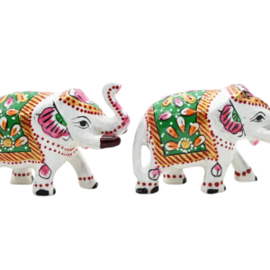Meenakari Metal Elephant Statue, Trunk Up Elephant Set of 2 – Showpiece Figurine | Positive Energy Home Decor | Harmony & Prosperity | Toys  Good luck Charm (White)