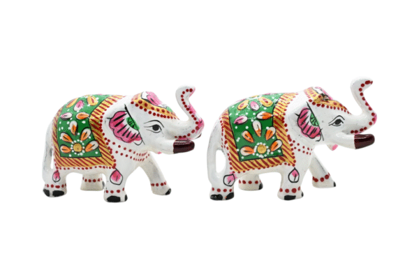 Meenakari Metal Elephant Statue, Trunk Up Elephant Set of 2 – Showpiece Figurine | Positive Energy Home Decor | Harmony & Prosperity | Toys  Good luck Charm (White)