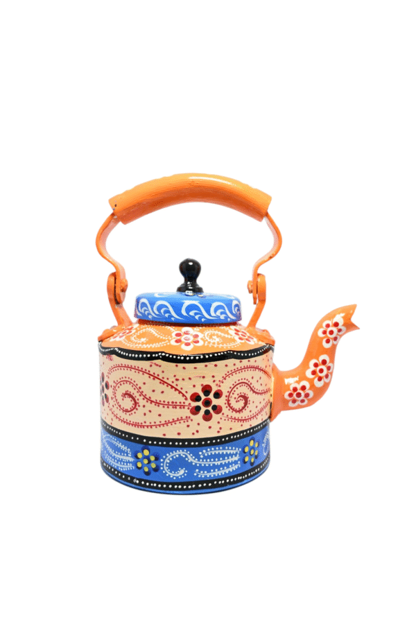 Traditional Meenakari Hand Painted Figurine Aluminium Decorative Tea Kettle Pot with 6 Glass Sets &  Wooden Trey - Image 2