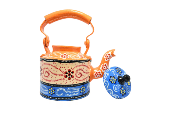 Traditional Meenakari Hand Painted Figurine Aluminium Decorative Tea Kettle Pot with 6 Glass Sets &  Wooden Trey - Image 3