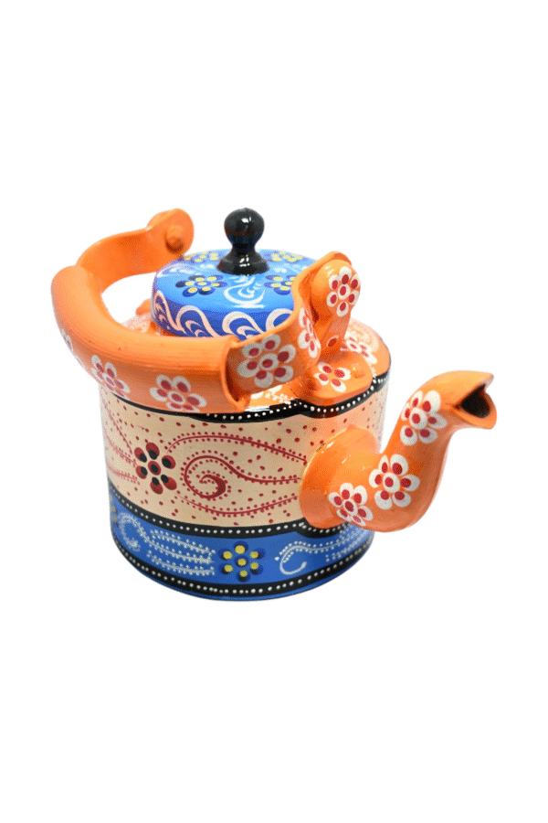 Traditional Meenakari Hand Painted Figurine Aluminium Decorative Tea Kettle Pot with 6 Glass Sets &  Wooden Trey - Image 4