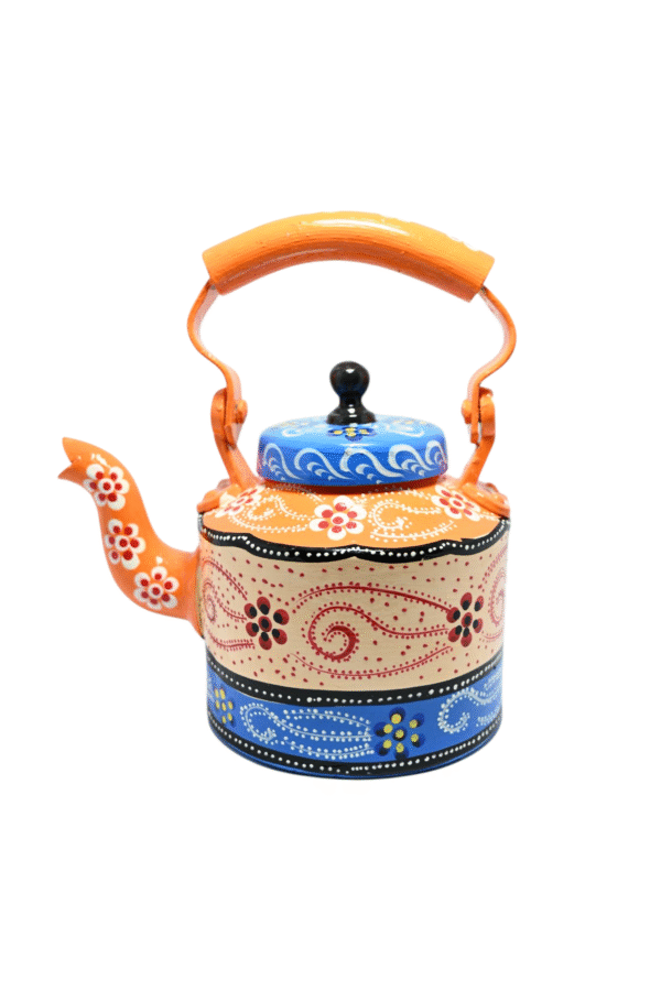 Traditional Meenakari Hand Painted Figurine Aluminium Decorative Tea Kettle Pot with 6 Glass Sets &  Wooden Trey - Image 5