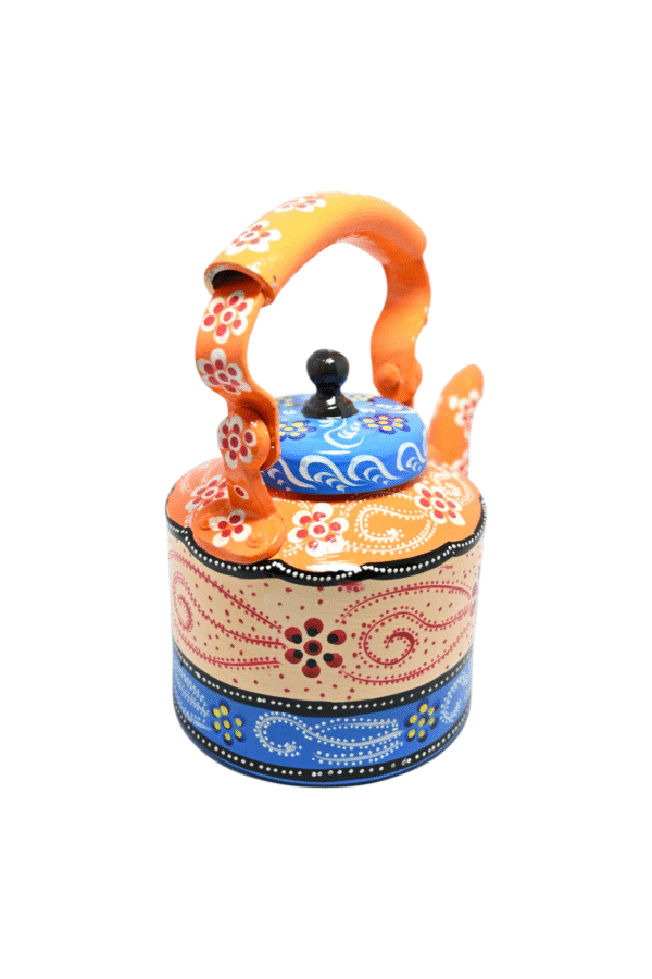 Traditional Meenakari Hand Painted Figurine Aluminium Decorative Tea Kettle Pot with 6 Glass Sets &  Wooden Trey - Image 6