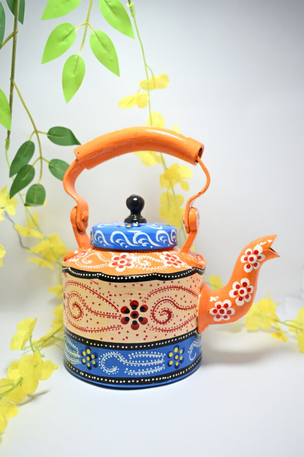Traditional Meenakari Hand Painted Figurine Aluminium Decorative Tea Kettle Pot with 6 Glass Sets &  Wooden Trey - Image 7