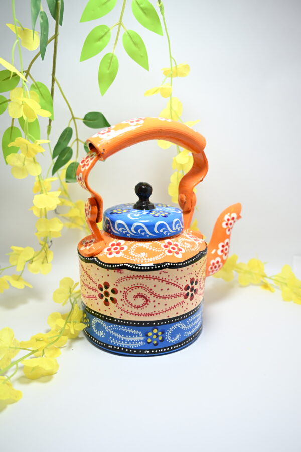 Traditional Meenakari Hand Painted Figurine Aluminium Decorative Tea Kettle Pot with 6 Glass Sets &  Wooden Trey - Image 8