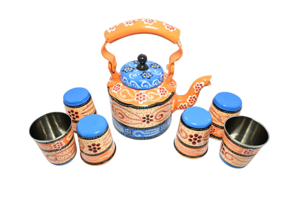 Traditional Meenakari Hand Painted Figurine Aluminium Decorative Tea Kettle Pot with 6 Glass Sets &  Wooden Trey - Image 11