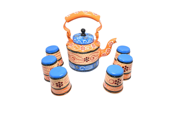 Traditional Meenakari Hand Painted Figurine Aluminium Decorative Tea Kettle Pot with 6 Glass Sets &  Wooden Trey - Image 9