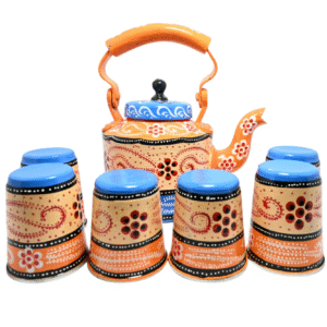 Traditional Meenakari Hand Painted Figurine Aluminium Decorative Tea Kettle Pot with 6 Glass Sets &  Wooden Trey