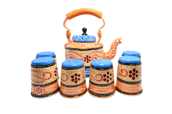 Traditional Meenakari Hand Painted Figurine Aluminium Decorative Tea Kettle Pot with 6 Glass Sets &  Wooden Trey