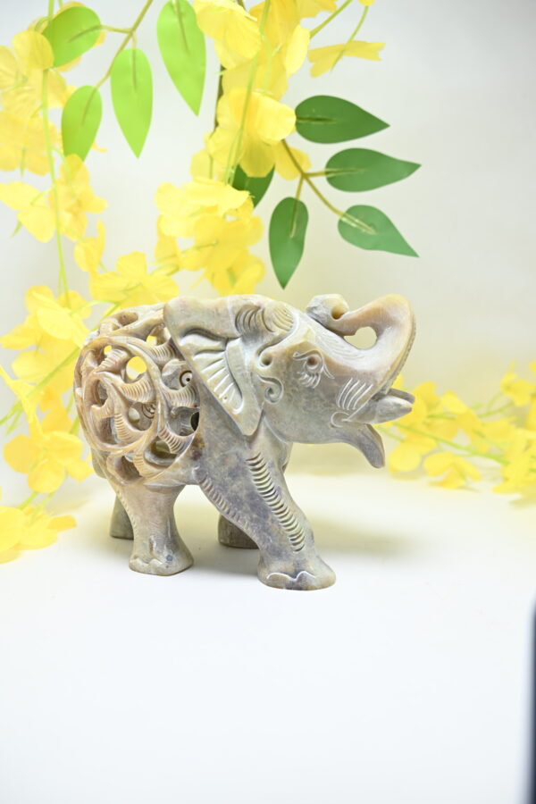 Natural Soapstone Elephant Sculpture Hand Carved Jali Work Trunk Up Showpiece Figurine | Positive Energy Home Decor | Harmony & Prosperity | Worship |  Good luck Charm (Baby Inside Mother's Tummy) - Image 5