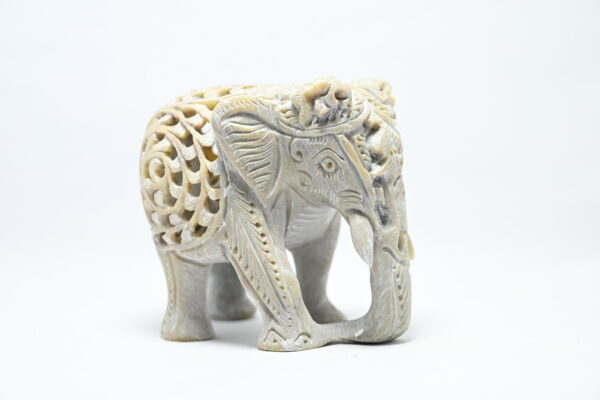 Natural Soapstone Elephant Sculpture Hand Carved Jali Work Trunk Down Showpiece Figurine | Positive Energy Home Decor | Harmony & Prosperity | Worship |  Good luck Charm (Baby Inside Mother's Tummy)