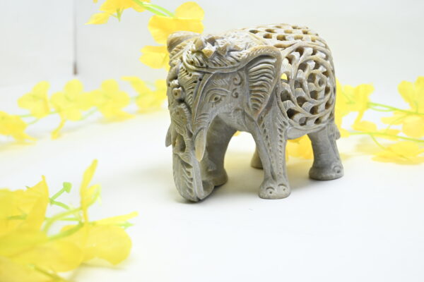 Natural Soapstone Elephant Sculpture Hand Carved Jali Work Trunk Down Showpiece Figurine | Positive Energy Home Decor | Harmony & Prosperity | Worship |  Good luck Charm (Baby Inside Mother's Tummy) - Image 8