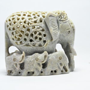 Natural Soapstone Elephant Sculpture Hand Carved Jali Work with 6 little elephant Showpiece Figurine | Positive Energy Home Decor | Harmony & Prosperity | Worship |  Good luck Charm (Baby Inside Mother's Tummy)