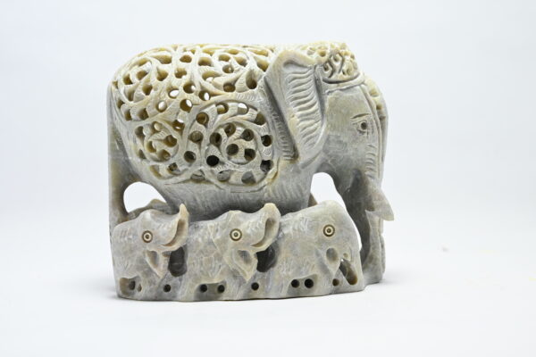Natural Soapstone Elephant Sculpture Hand Carved Jali Work with 6 little elephant Showpiece Figurine | Positive Energy Home Decor | Harmony & Prosperity | Worship |  Good luck Charm (Baby Inside Mother's Tummy)