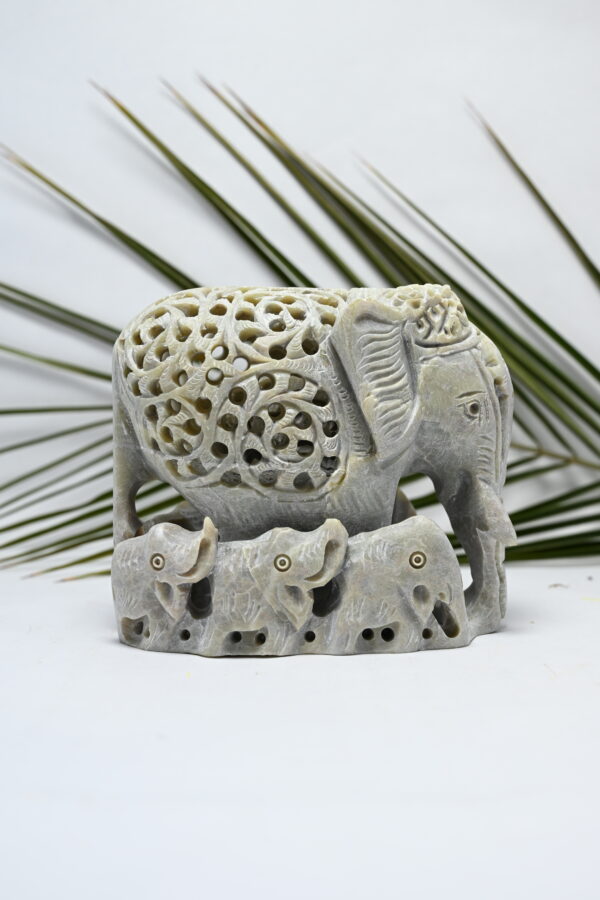 Natural Soapstone Elephant Sculpture Hand Carved Jali Work with 6 little elephant Showpiece Figurine | Positive Energy Home Decor | Harmony & Prosperity | Worship |  Good luck Charm (Baby Inside Mother's Tummy) - Image 5