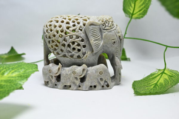 Natural Soapstone Elephant Sculpture Hand Carved Jali Work with 6 little elephant Showpiece Figurine | Positive Energy Home Decor | Harmony & Prosperity | Worship |  Good luck Charm (Baby Inside Mother's Tummy) - Image 7