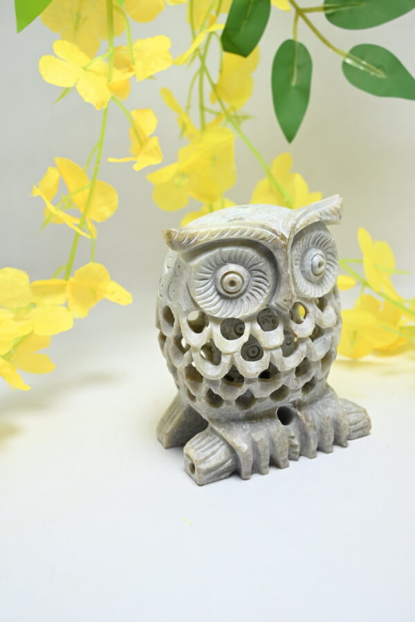 Natural Soapstone Owl Sculpture Hand Carved Jali Work Showpiece Figurine | Wealth | Harmony & Prosperity | Worship |  Good luck Charm (Baby Inside Mother's Tummy) - Image 3