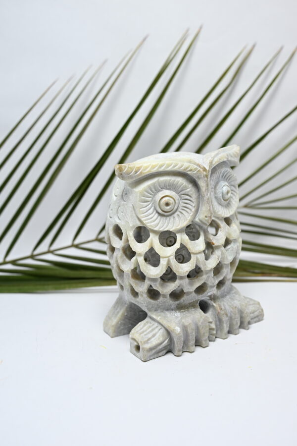 Natural Soapstone Owl Sculpture Hand Carved Jali Work Showpiece Figurine | Wealth | Harmony & Prosperity | Worship |  Good luck Charm (Baby Inside Mother's Tummy) - Image 2