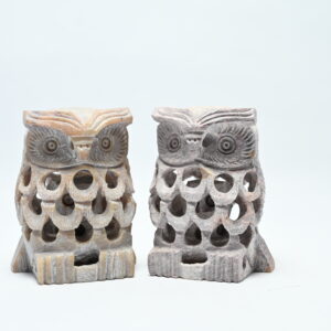 Natural Soapstone Owl Sculpture Hand Carved Jali Work Set of 2 - Showpiece Figurine | Wealth | Harmony & Prosperity | Worship |  Good luck Charm (Baby Inside Mother's Tummy)