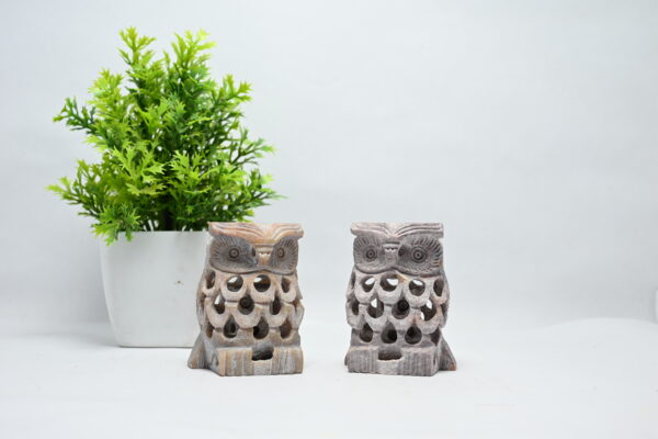 Natural Soapstone Owl Sculpture Hand Carved Jali Work Set of 2 - Showpiece Figurine | Wealth | Harmony & Prosperity | Worship |  Good luck Charm (Baby Inside Mother's Tummy) - Image 3