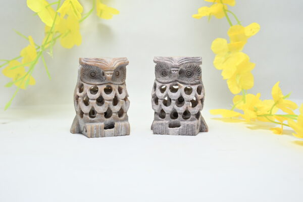 Natural Soapstone Owl Sculpture Hand Carved Jali Work Set of 2 - Showpiece Figurine | Wealth | Harmony & Prosperity | Worship |  Good luck Charm (Baby Inside Mother's Tummy) - Image 4