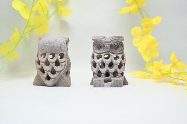 Natural Soapstone Owl Sculpture Hand Carved Jali Work Set of 2 - Showpiece Figurine | Wealth | Harmony & Prosperity | Worship |  Good luck Charm (Baby Inside Mother's Tummy) - Image 5