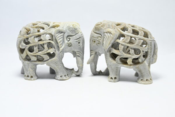 Natural Soapstone Elephant Sculpture Hand Carved Jali Work Set of 2 - Showpiece Figurine | Positive Energy Home Decor | Harmony & Prosperity | Worship |  Good luck Charm (Baby Inside Mother's Tummy)