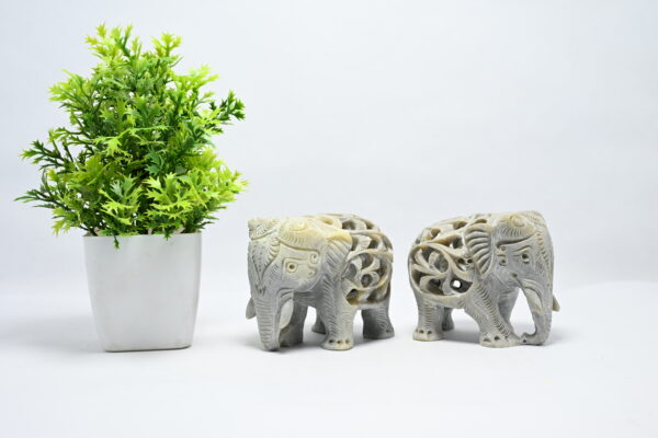 Natural Soapstone Elephant Sculpture Hand Carved Jali Work Set of 2 - Showpiece Figurine | Positive Energy Home Decor | Harmony & Prosperity | Worship |  Good luck Charm (Baby Inside Mother's Tummy) - Image 7