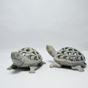 Natural Soapstone Turtle Sculpture Hand Carved Jali Work Set of 2 - Showpiece Figurine | Positive Energy Home Decor | Harmony & Prosperity | Worship |  Good luck Charm (Baby Inside Mother's Tummy)