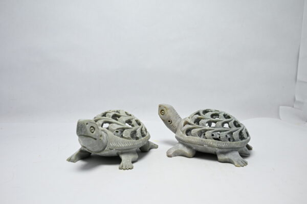 Natural Soapstone Turtle Sculpture Hand Carved Jali Work Set of 2 - Showpiece Figurine | Positive Energy Home Decor | Harmony & Prosperity | Worship |  Good luck Charm (Baby Inside Mother's Tummy)